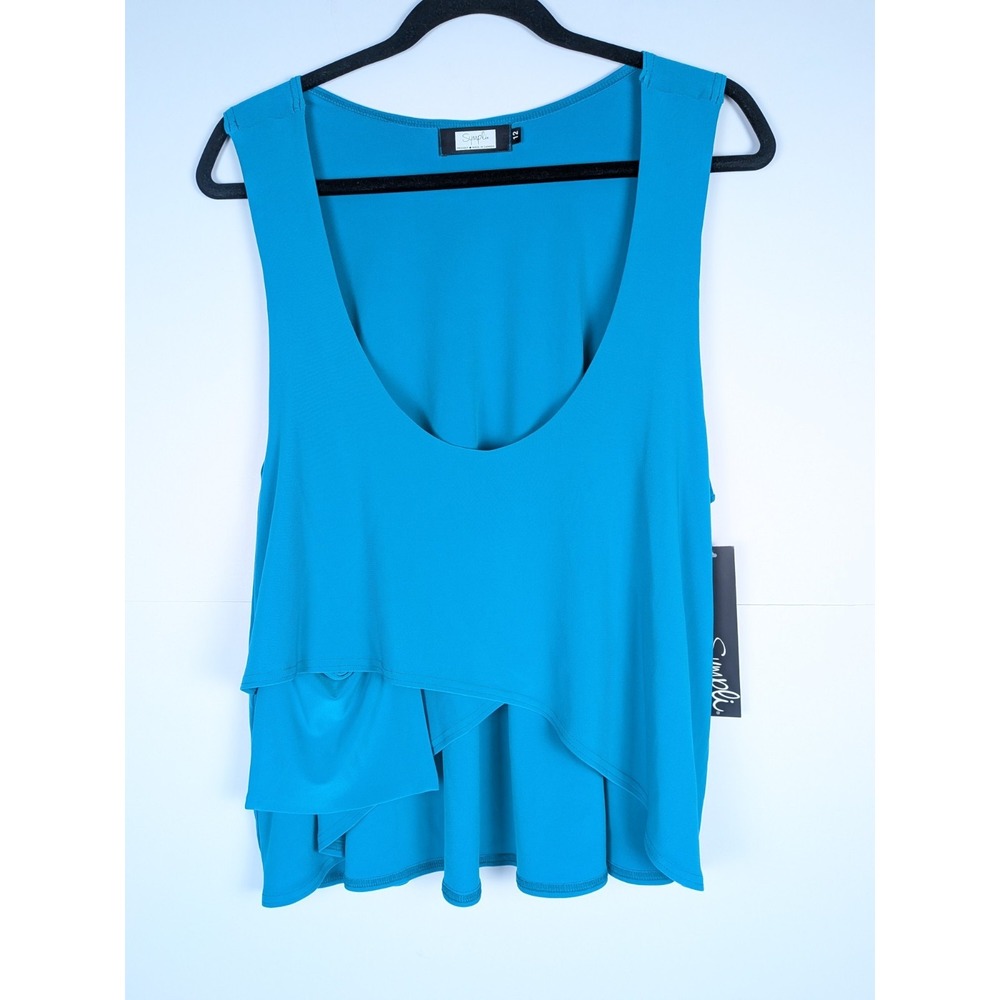 NEW SYMPLI Solid Turquoise Stretch Tiered Cropped Smock Scoop Tank Top Size 12
